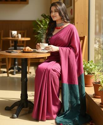 Pink fancy cotton handloom saree with blouse piece for women 2
