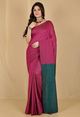 Pink fancy cotton handloom saree with blouse piece for women 3