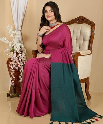 Pink fancy cotton handloom saree with blouse piece for women 4