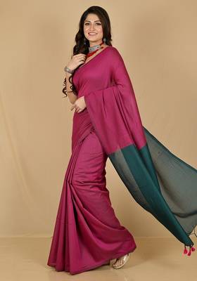 Pink fancy cotton handloom saree with blouse piece for women 5