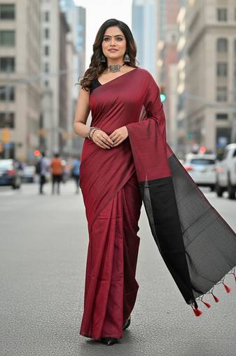 Red & black fancy cotton handloom saree with blouse piece for women