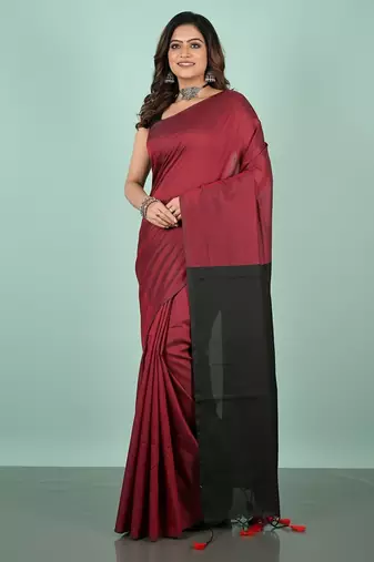 Red & black fancy cotton handloom saree with blouse piece for women