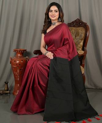 Red & black fancy cotton handloom saree with blouse piece for women 3