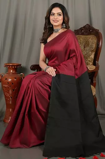 Red & black fancy cotton handloom saree with blouse piece for women