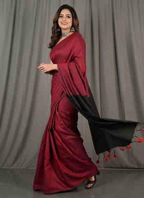 Red & black fancy cotton handloom saree with blouse piece for women 4