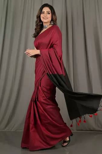 Red & black fancy cotton handloom saree with blouse piece for women