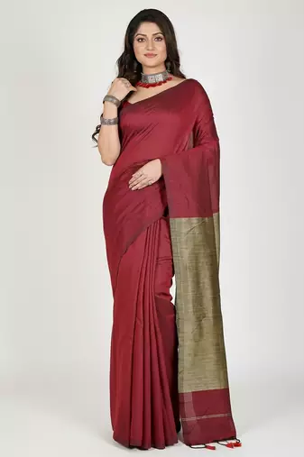 Red fancy cotton handloom saree with blouse piece for women