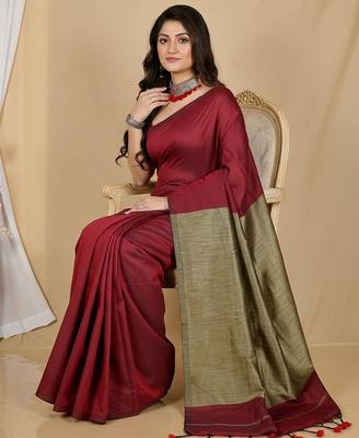 Red fancy cotton handloom saree with blouse piece for women 3