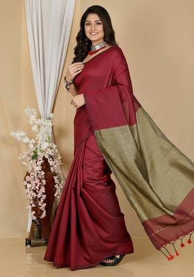 Red fancy cotton handloom saree with blouse piece for women 4