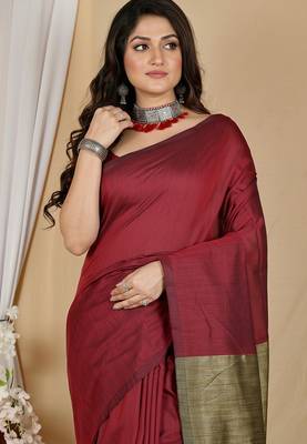Red fancy cotton handloom saree with blouse piece for women 5