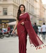 Red fancy cotton handloom saree with blouse piece for women