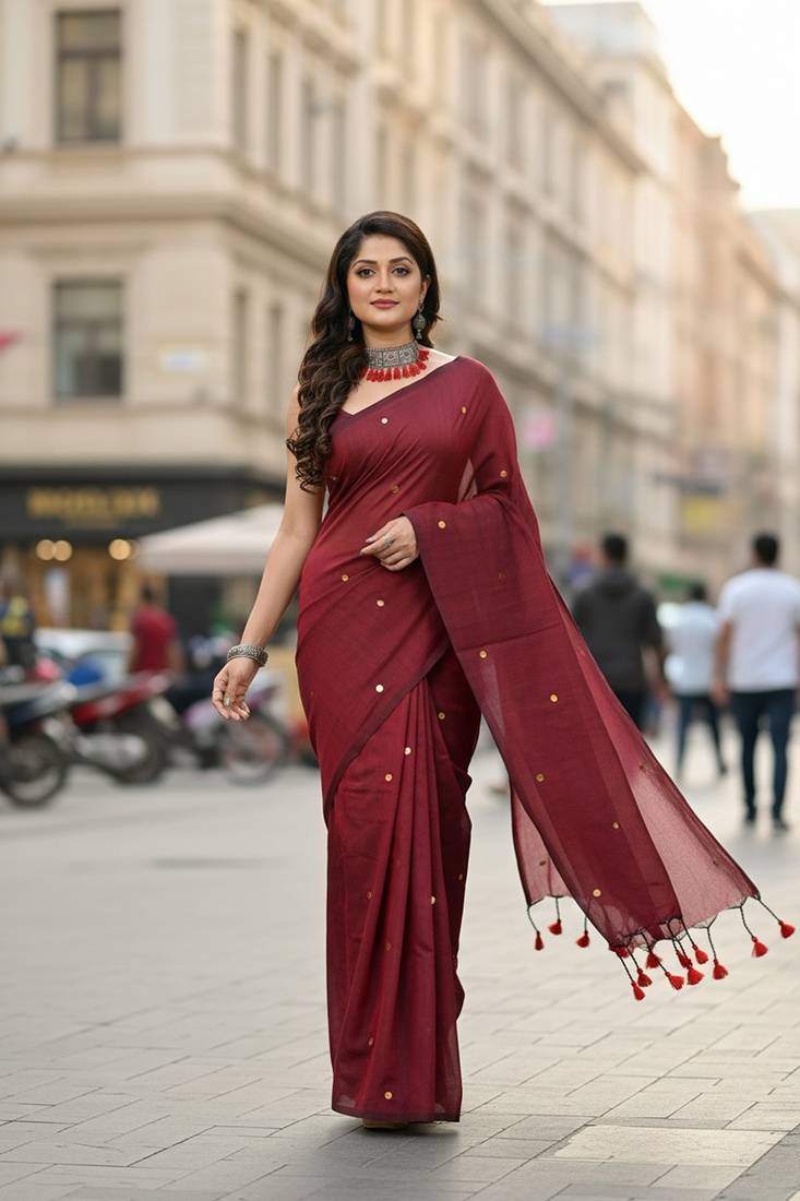 Red fancy cotton handloom saree with blouse piece for women