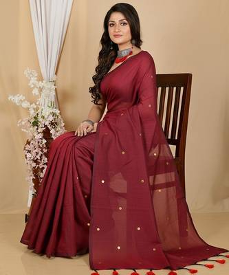 Red fancy cotton handloom saree with blouse piece for women 3
