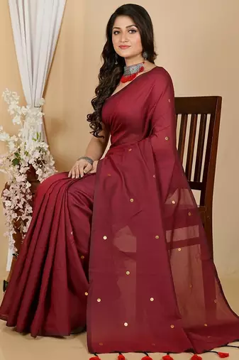 Red fancy cotton handloom saree with blouse piece for women