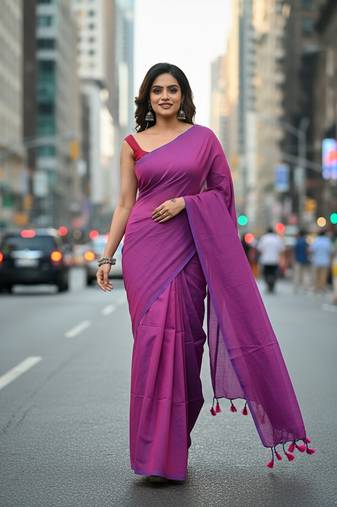 Majenta & red fancy cotton handloom saree with blouse piece for women