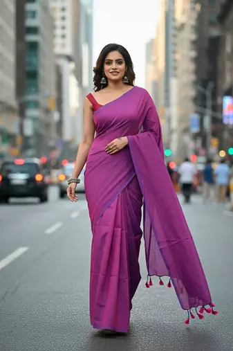 Majenta & red fancy cotton handloom saree with blouse piece for women