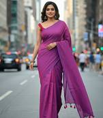 Majenta & red fancy cotton handloom saree with blouse piece for women