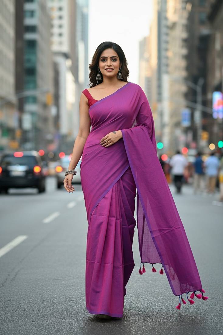 Majenta & red fancy cotton handloom saree with blouse piece for women