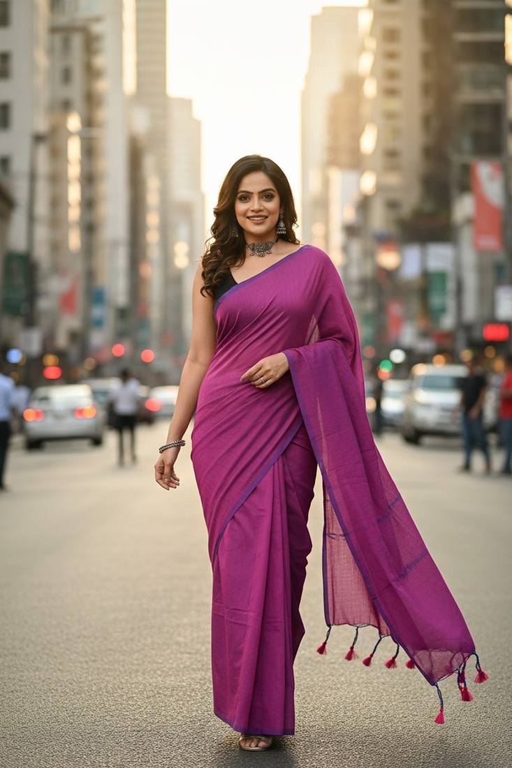 Red & pink fancy cotton handloom saree with blouse piece for women