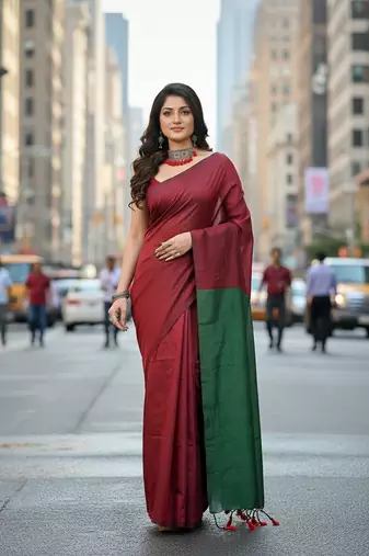 Red fancy cotton handloom saree with blouse piece for women