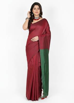 Red fancy cotton handloom saree with blouse piece for women 2