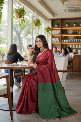 Red fancy cotton handloom saree with blouse piece for women 3