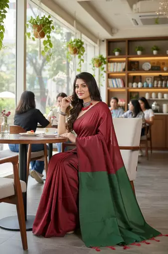 Red fancy cotton handloom saree with blouse piece for women