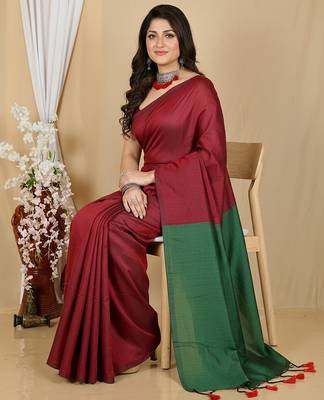 Red fancy cotton handloom saree with blouse piece for women 4