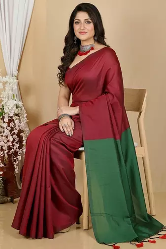 Red fancy cotton handloom saree with blouse piece for women