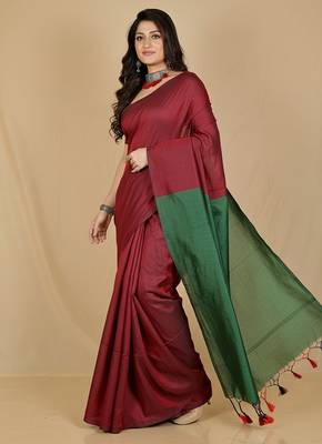 Red fancy cotton handloom saree with blouse piece for women 5