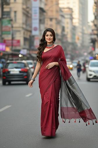 Red fancy cotton handloom saree with blouse piece for women