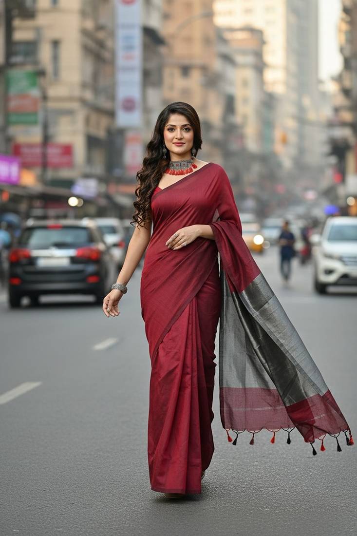 Red fancy cotton handloom saree with blouse piece for women