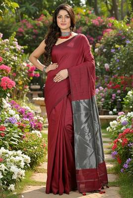 Red fancy cotton handloom saree with blouse piece for women 3