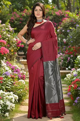 Red fancy cotton handloom saree with blouse piece for women
