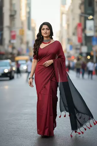 Red & black fancy cotton handloom saree with blouse piece for women