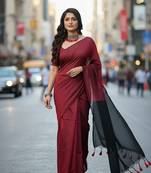 Red & black fancy cotton handloom saree with blouse piece for women