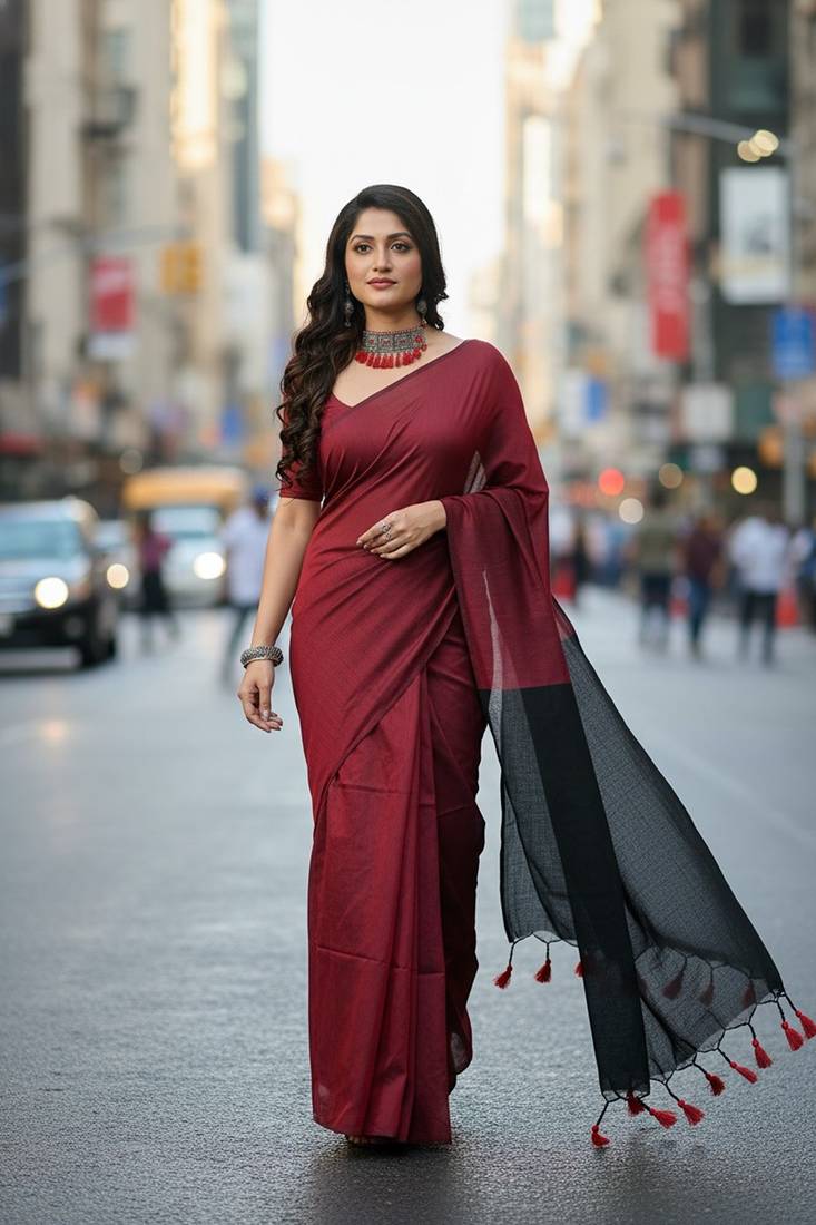 Red & black fancy cotton handloom saree with blouse piece for women