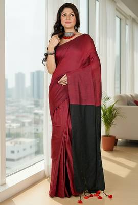 Red & black fancy cotton handloom saree with blouse piece for women 2