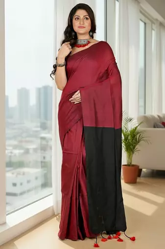 Red & black fancy cotton handloom saree with blouse piece for women