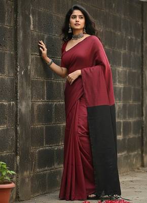 Red & black fancy cotton handloom saree with blouse piece for women 3