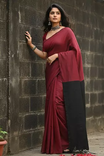 Red & black fancy cotton handloom saree with blouse piece for women