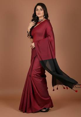 Red & black fancy cotton handloom saree with blouse piece for women 4