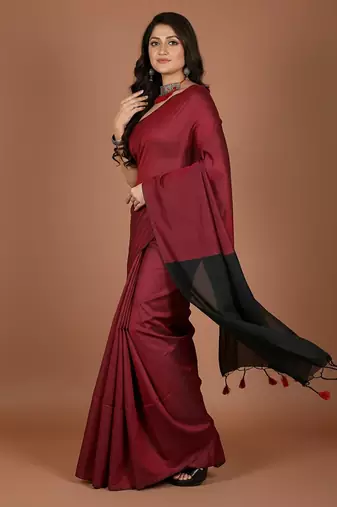 Red & black fancy cotton handloom saree with blouse piece for women