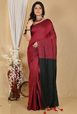 Red & black fancy cotton handloom saree with blouse piece for women 5