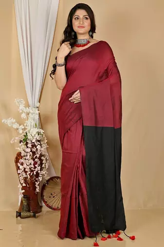 Red & black fancy cotton handloom saree with blouse piece for women
