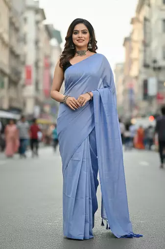 Sky blue fancy cotton handloom saree with blouse piece for women