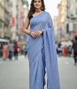 Sky blue fancy cotton handloom saree with blouse piece for women