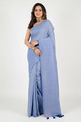 Sky blue fancy cotton handloom saree with blouse piece for women 2