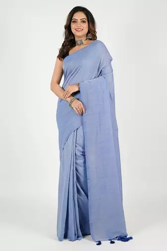Sky blue fancy cotton handloom saree with blouse piece for women