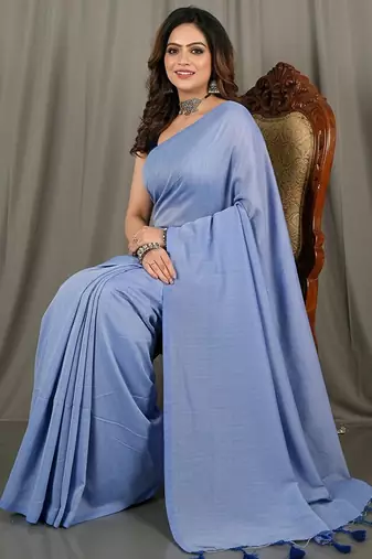 Sky blue fancy cotton handloom saree with blouse piece for women